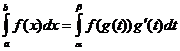 integral(a..b, f(x)*dx) = integral(alpha..beta, f(g(t))*g'(t)*dt)
