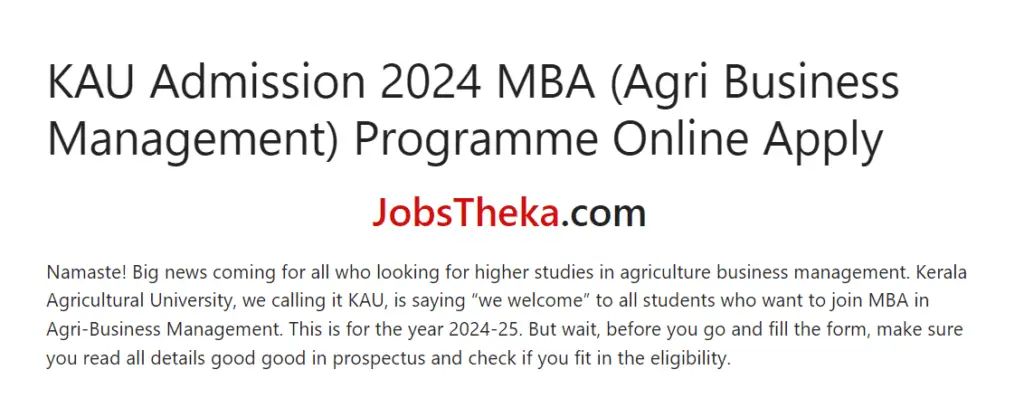 KAU Admission 2024 MBA (Agri Business Management) Programme Online Application