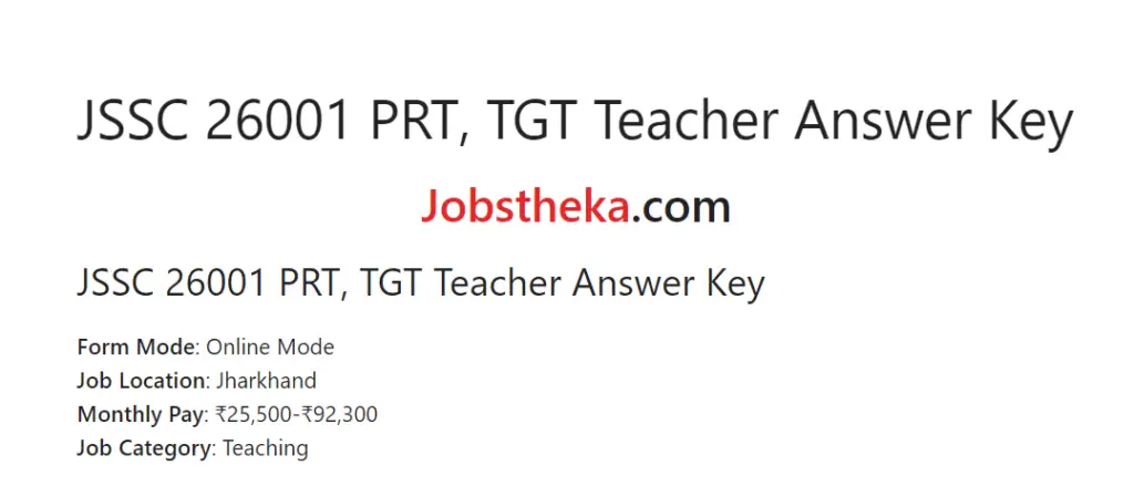 JSSC 26001 PRT, TGT Teacher Answer Key